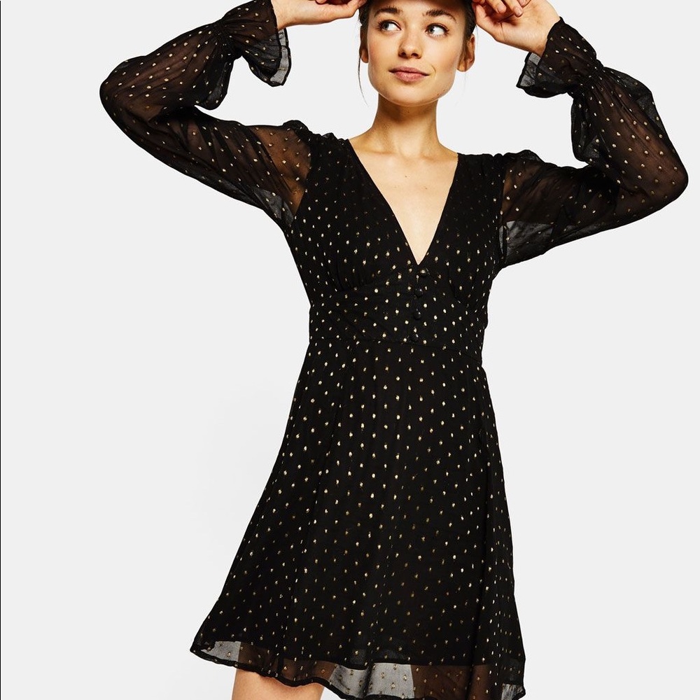Bershka black and golf chiffon polka dot dress